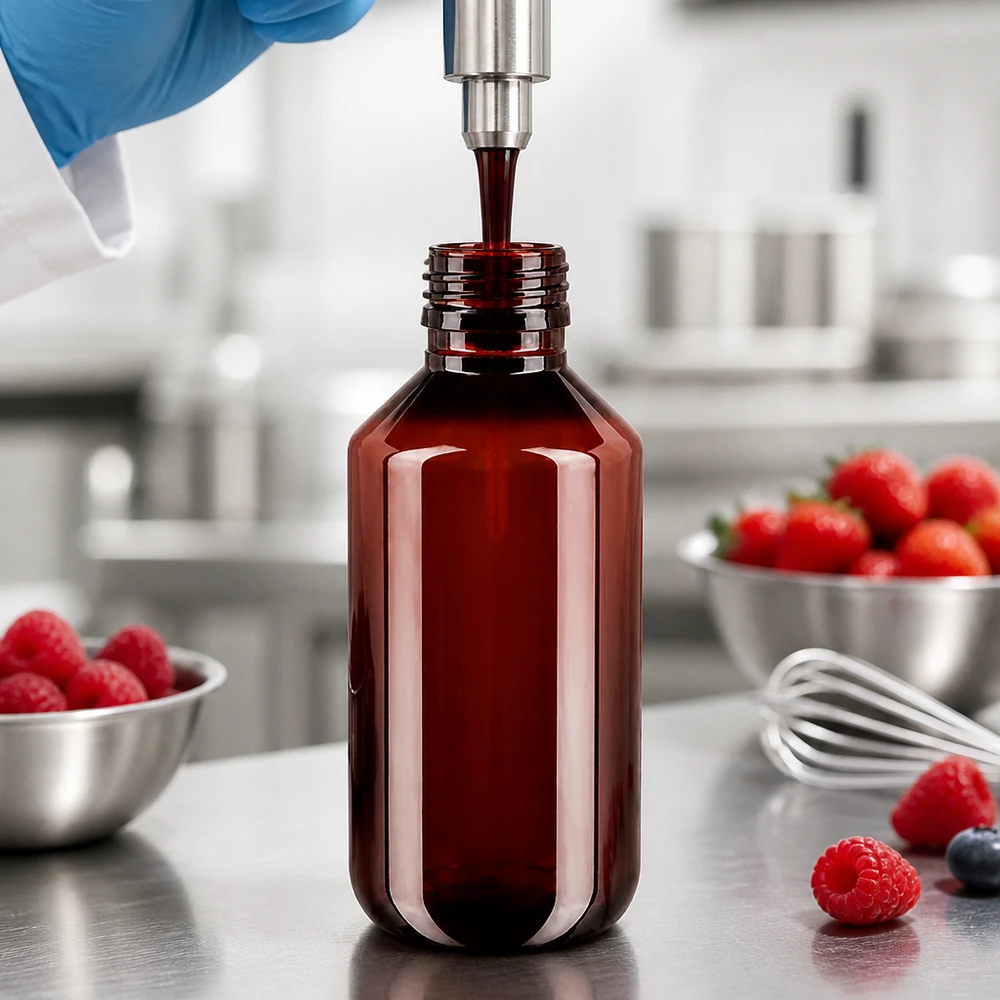 PET fles 200ml PP28 zonder dop Lichtbestendige PET-fles van 200 ml, PP28, amberkleurig, voor het afvullen van siroop voor levensmiddelen in een roestvrijstalen keuken