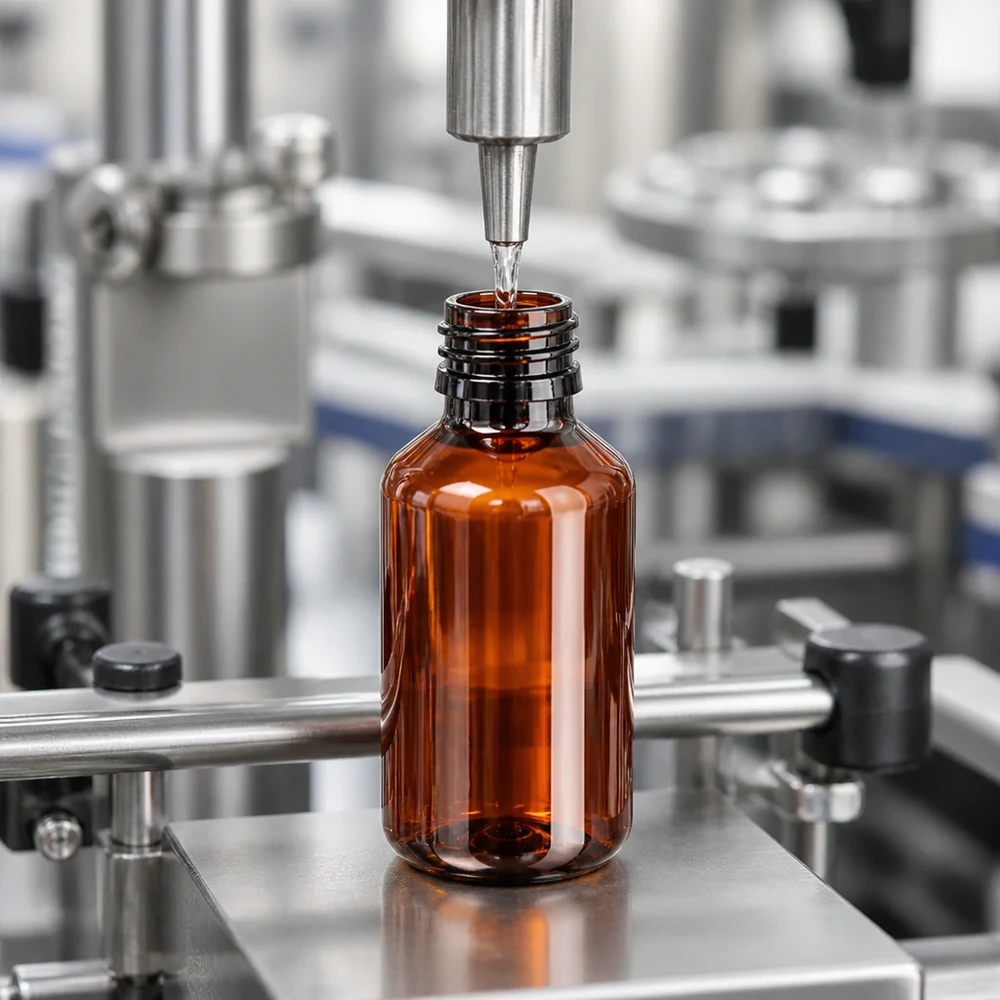 PET fles 100ml PP28 zonder dop Automatische serievulling van transparante, amberkleurige flesjes van 100 ml, PP28, farmaceutische productie