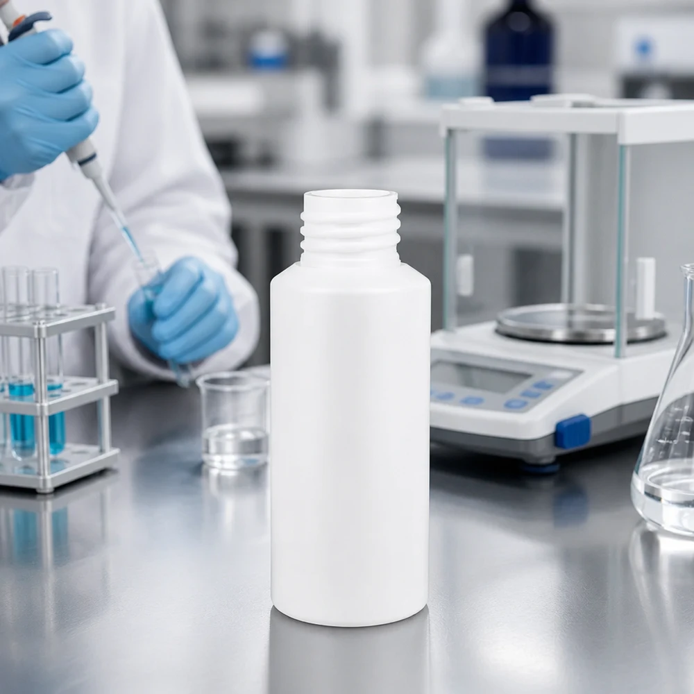 PET cilinderfles 30ml wit, S20x3, zonder sluiting Kleine witte kunststof fles van 30 ml (HDPE) voor apotheken, laboratoria en farmaceutische afvulling