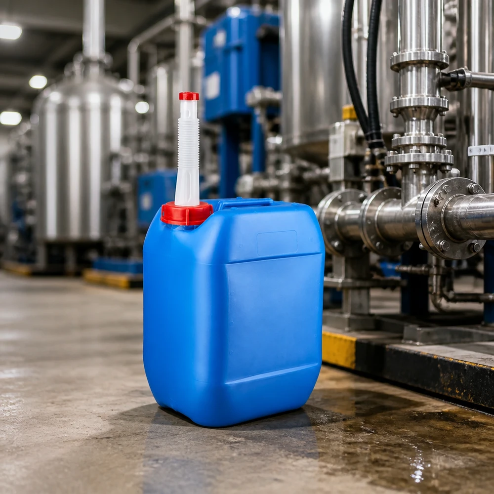 Voedselveilige jerrycan van 10 liter, blauw, met een opgestoken flexibele uitloopbuis voor het doseren