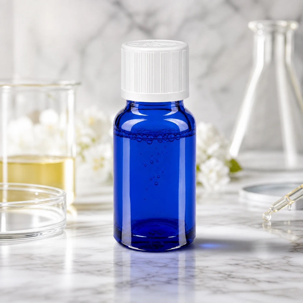Blauwe glazen flessen 10ml met wit sluiting KiSi St Blauwe glazen fles met UV-bescherming van 10 ml, met een witte dop en zichtbare luchtbellen in de inhoud