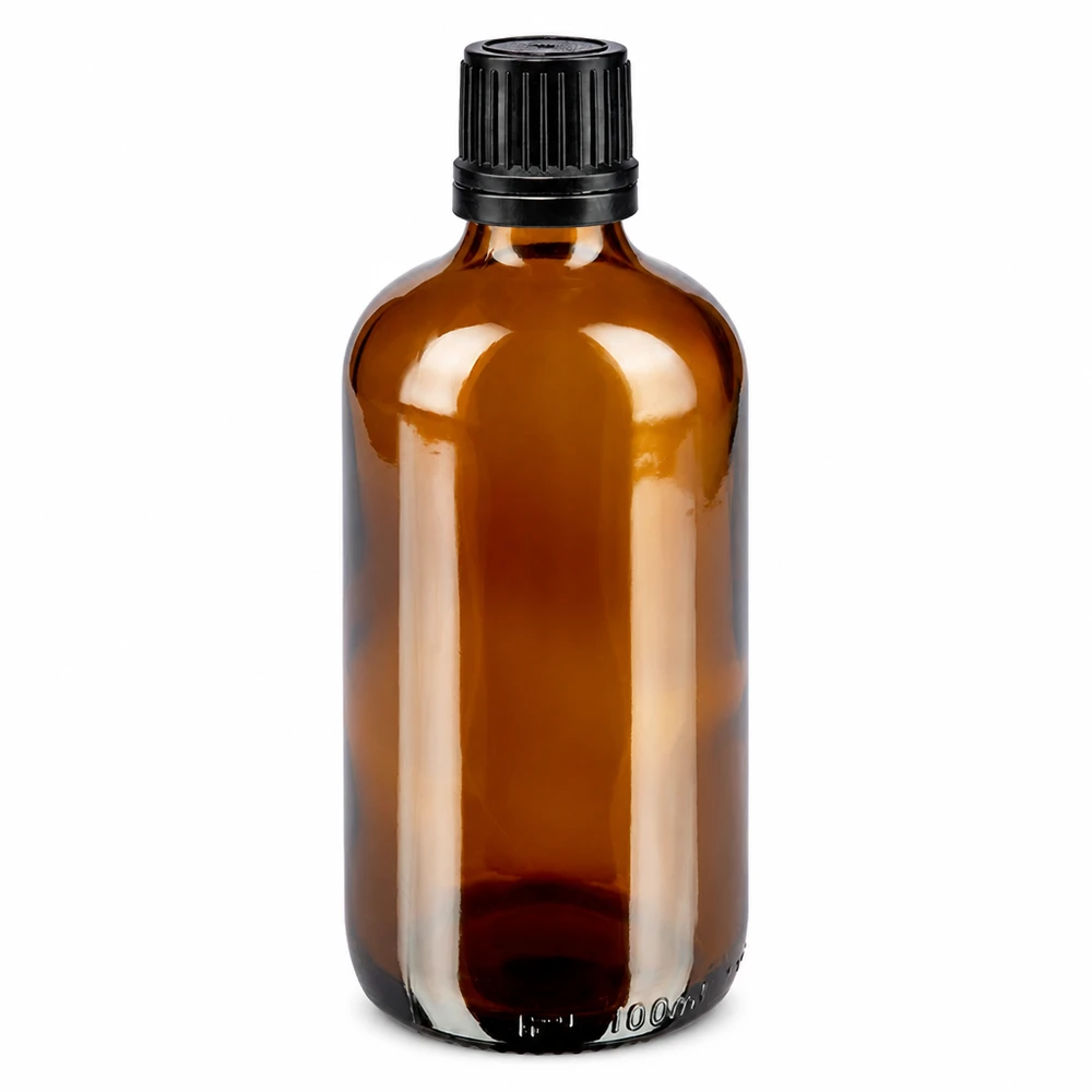 Farmaceutische bruine glazen fles van 100 ml met zwarte OV-dop en nauwkeurig 1 mm-druppelinzetstuk van ApoGlas