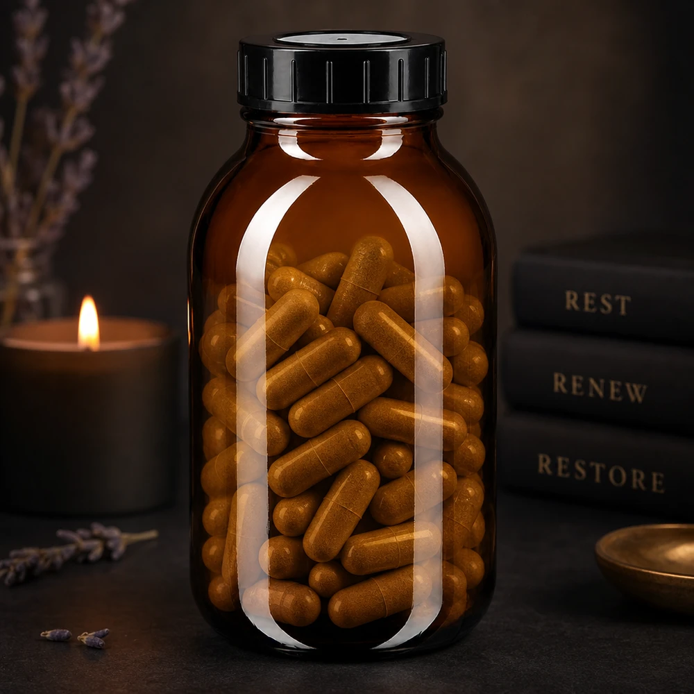 Brede hals fles 500ml amber glas met zwarte deksel perfect voor capsules en tabletten
