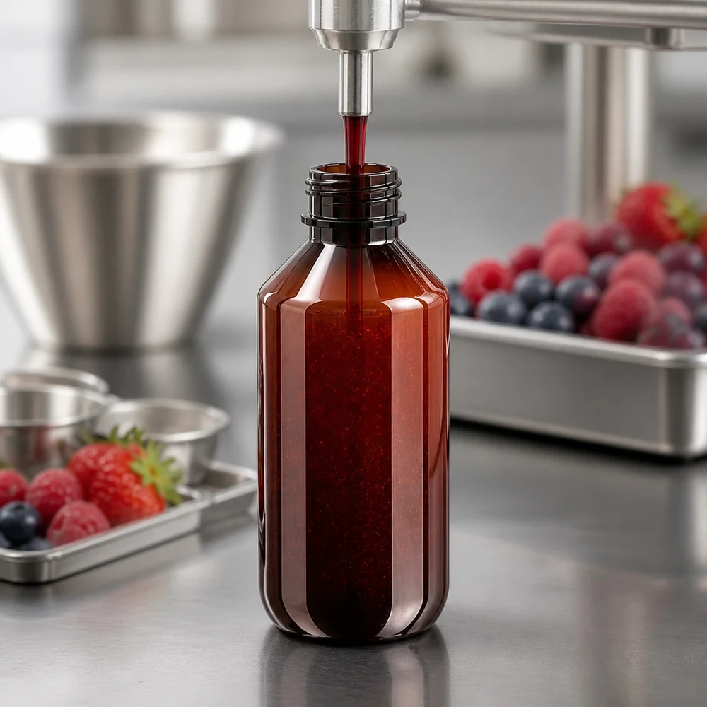 50 ml PET medicijnfles met verstuiver zwart GCMI 28/410 incl. dop transparant, standaard Voedselproductie met een bruine PET-fles van 200 ml en originele dop voor vruchtensiroop