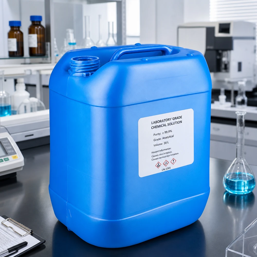 Blauwe industriële jerrycan van 20 liter zonder dop, met verstevigde draaggreep