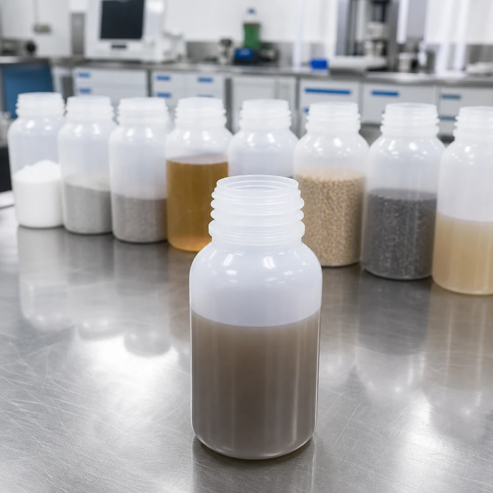 Wijde hals laboratoriumfles 100ml zonder sluiting Kunststof fles met brede hals van 100 ml met bruine suspensie naast diverse laboratoriummonsters