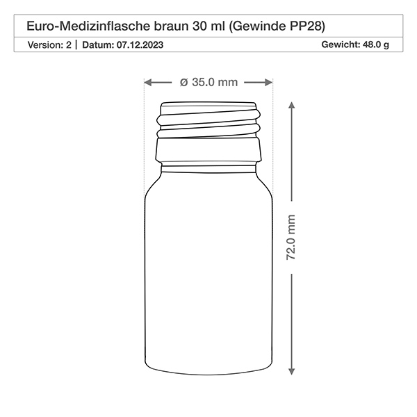 30ml Euro-medicijnfles bruin met witte schroefsluiting VR Ronde glazen fles van 30 ml in bruin met klassieke medicijnflesvorm en hals met PP28 schroefdraad
