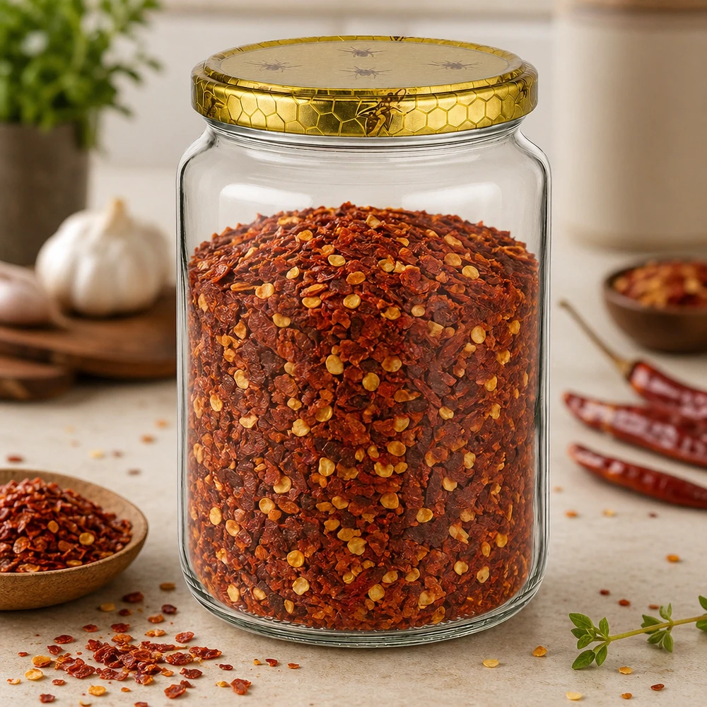 Honingpot 1000 g met deksel met honingraatmotief BasicSeal UNiTWIST 1000g honingpot met honingraatdeksel gevuld met chilivlokken en kruiden op houten tafel Keukenbenodigdheden voor bijenteelt