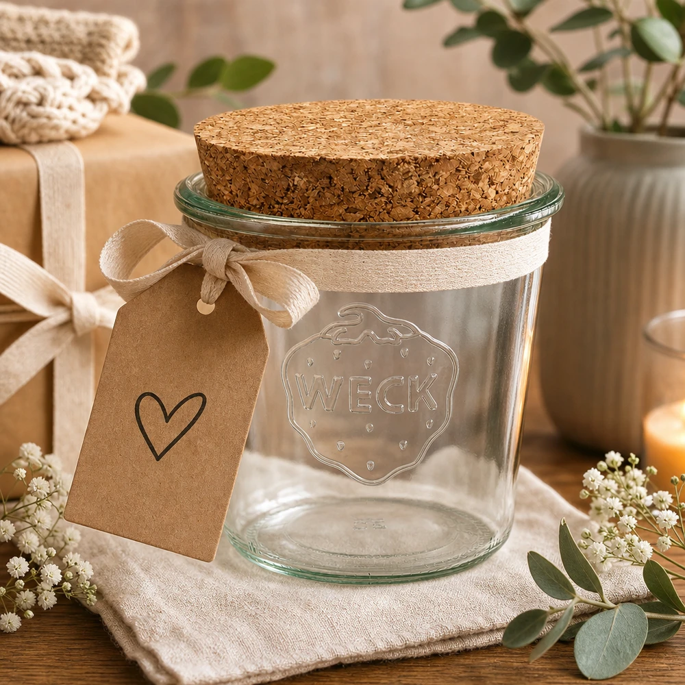 WECK 580ml RR100 bekers als cadeau met hartjeshanger en strik in een natuurlijke tafeldecoratie