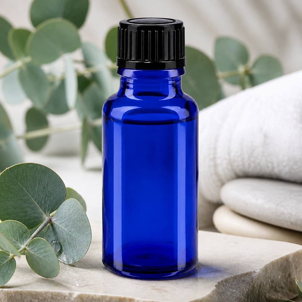 Blauw ApoGlas-flesje van 20 ml met kindveilige zwarte schroefdop en een opening van 11 mm