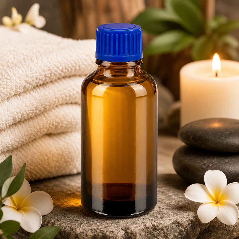 Veelzijdig amberkleurig glazen flesje van 30 ml met blauwe dop voor doe-het-zelf mengsels en tincturen