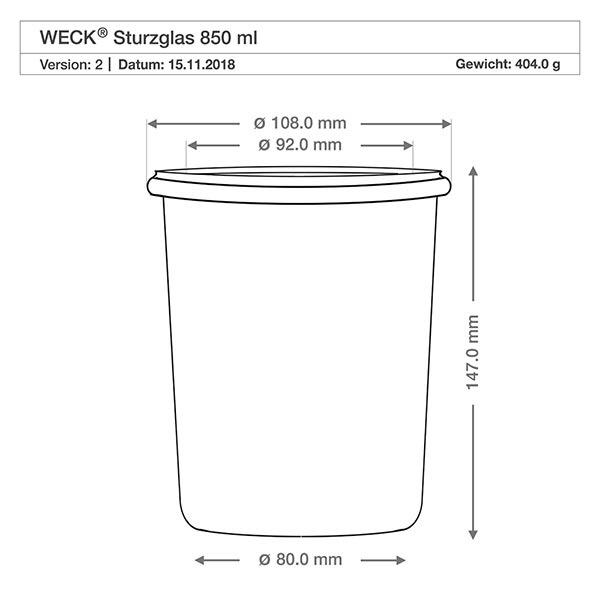 850ml stortglas WECK RR100 met kurk WECK beker 850ml RR100 technische tekening met afmetingen diameter 108mm hoogte 147mm gewicht 404g