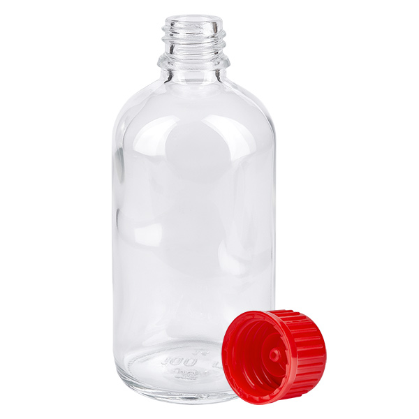 100ml fles 11mm SV rood STD ClearLine UT18/100 100 ml fles van helder glas met rode schroefdop 11 mm ClearLine UT18/100, leeg