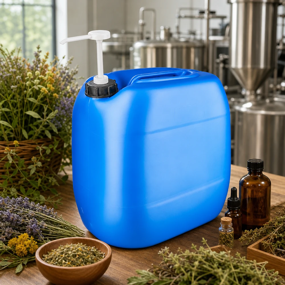 Canister 30 liter blauw met doseerpomp Blauwe jerrycan van 30 liter met doseerpomp voor destillaten en plantenextracten in de aromatherapie