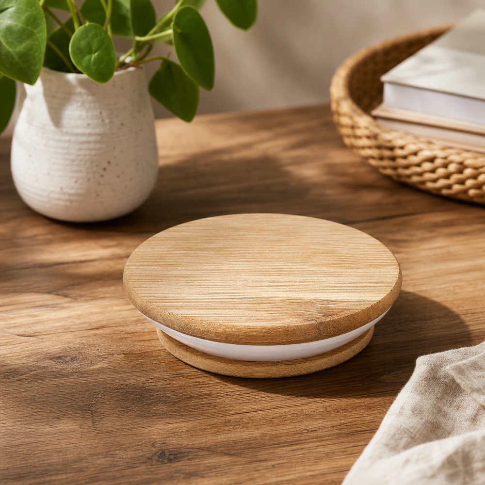 Houten deksel WECK RR60 op houten tafel in natuurlijke sfeer met plant en mand als lifestyle productfotografie