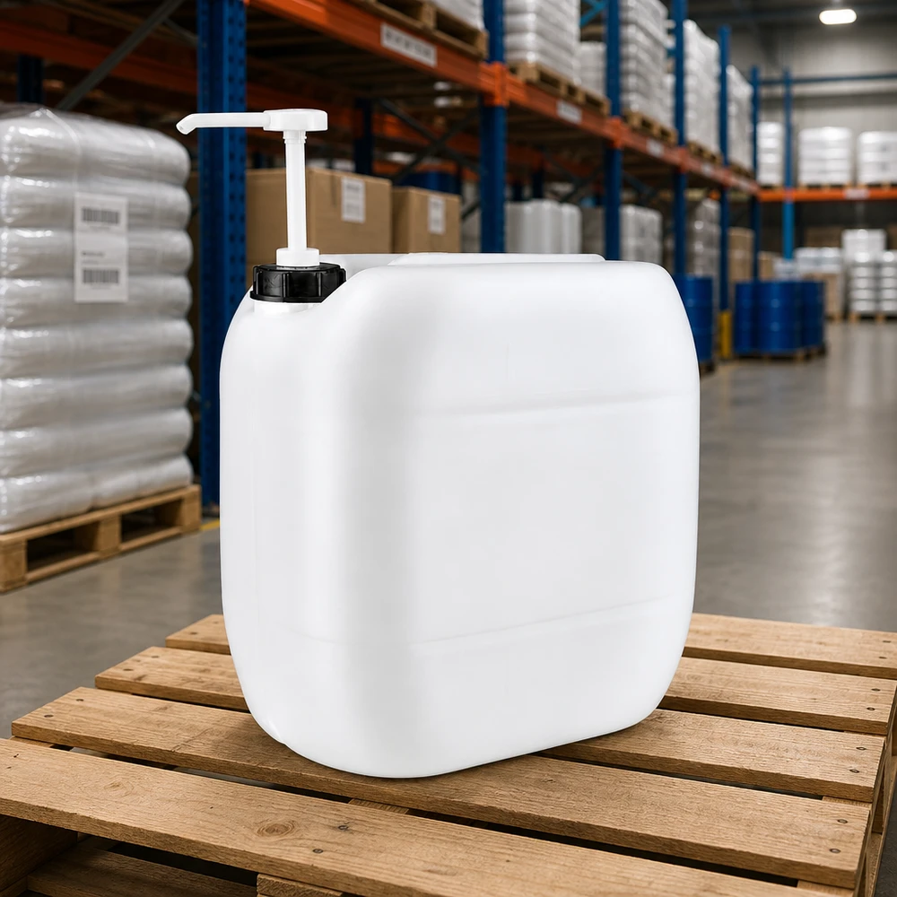 30l Jerrycan, UN-toelating, met doseerpomp Compacte voorraadbak van 30 liter met pompopzetstuk op een houten pallet in het grootmagazijn