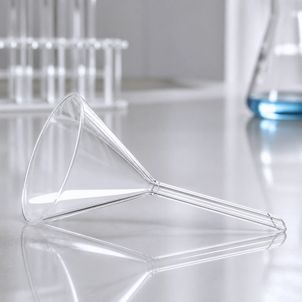 Transparante glazen trechter 85 mm met kort handvat voor chemische toepassingen in het laboratorium