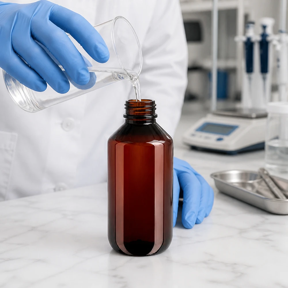 PET-fles 200ml met wit/rode dop OV Lichtbestendige PET-fles van 200 ml, amberkleurig, voor UV-gevoelige stoffen in het laboratorium