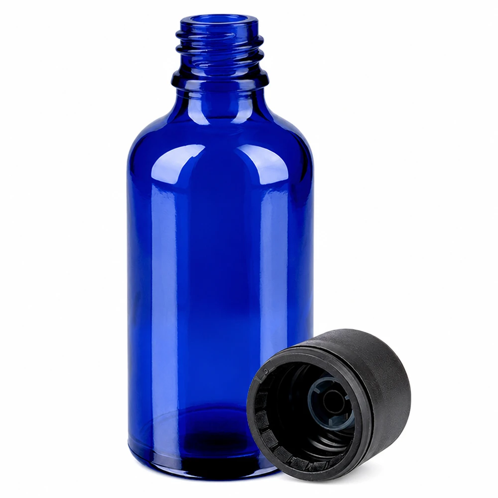 Handige glazen fles van 50 ml met zwarte dop voor doe-het-zelf cosmetica en serums
