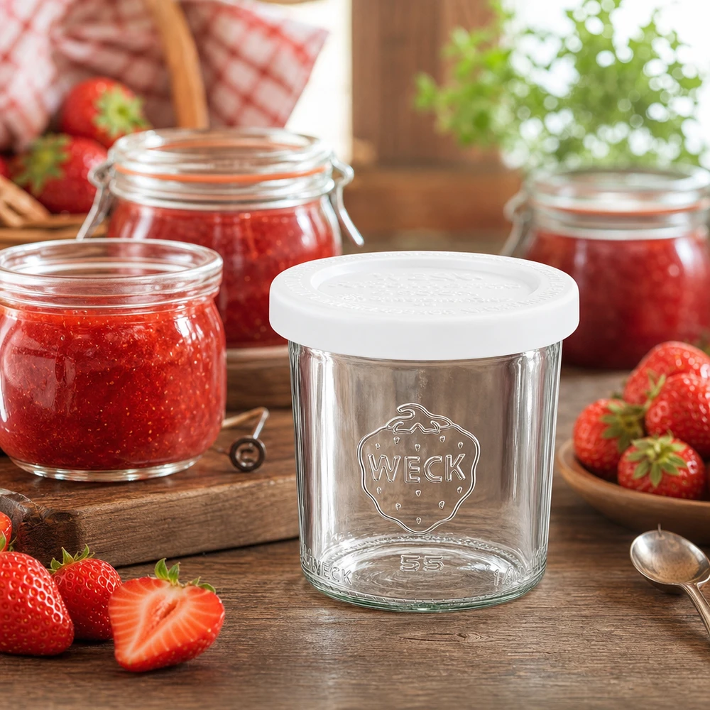 WECK inmaakpotje van 140 ml met aardbeien en jam op een houten tafel - RR60 bekers voor jam en smeersels