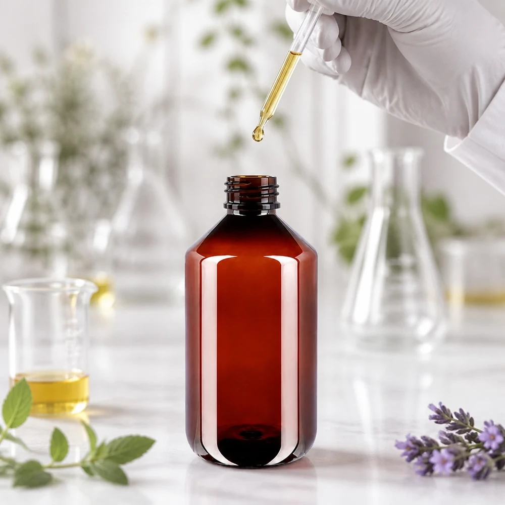 50 ml PET medicijnfles met verstuiver zwart GCMI 28/410 incl. dop transparant, standaard Een bruine plastic fles van 500 ml met druppelaar vullen in een professioneel laboratorium