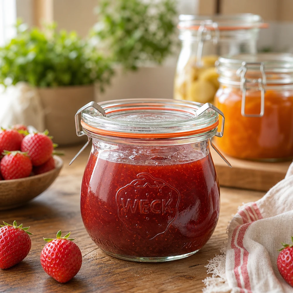 WECK tulpenpot 75ml gevuld met aardbeienjam in een rustiek keukentafereel met verse aardbeien en jampotten