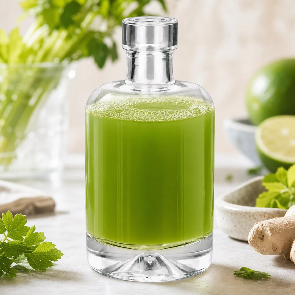 50 ml glazen fles 50ml Glasflasche "Amelie" ohne Verschluss UNiTWIST zonder sluiting UNiTWIST® 50ml glazen fles Amelie gevuld met groen kruidenextract naast verse kruiden en limoen toont natuurlijke cosmetica toepassing