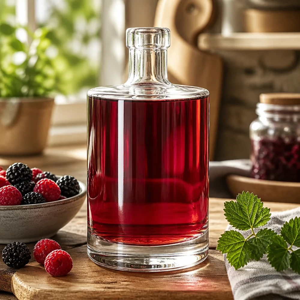 500 ml glazen fles Marie zonder sluiting UNiTWIST® 500ml Glasflasche Marie gefüllt mit rotem Beerenlikör umgeben von frischen Himbeeren und Brombeeren als Dekoidee