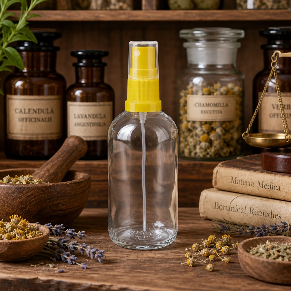 ClearLine UT18-spuitfles van 100 ml met gele verstuiver tussen potjes met kruiden en boeken over natuurgeneeskunde