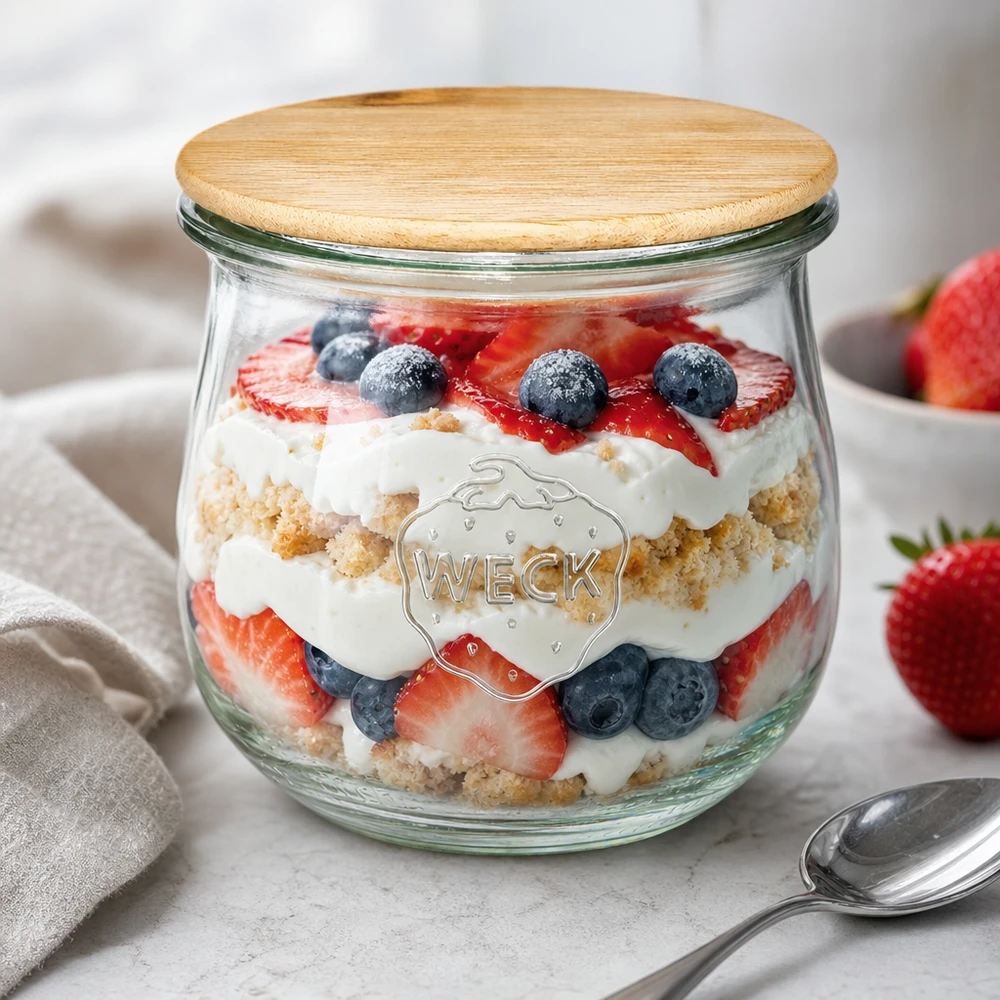 370ml tulpenglas WECK RR80 met hout deksel WECK tulp pot 370ml RR80 met houten deksel als een dessert pot gevuld met bessen trifle en room op een wit oppervlak