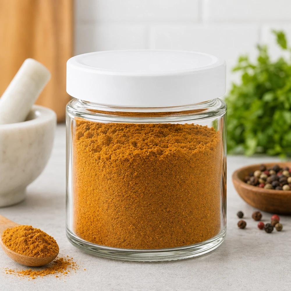 135 ml rond potje gevuld met kurkumapoeder BasicSeal deksel wit Kruidenopslag Keukenorganisatie