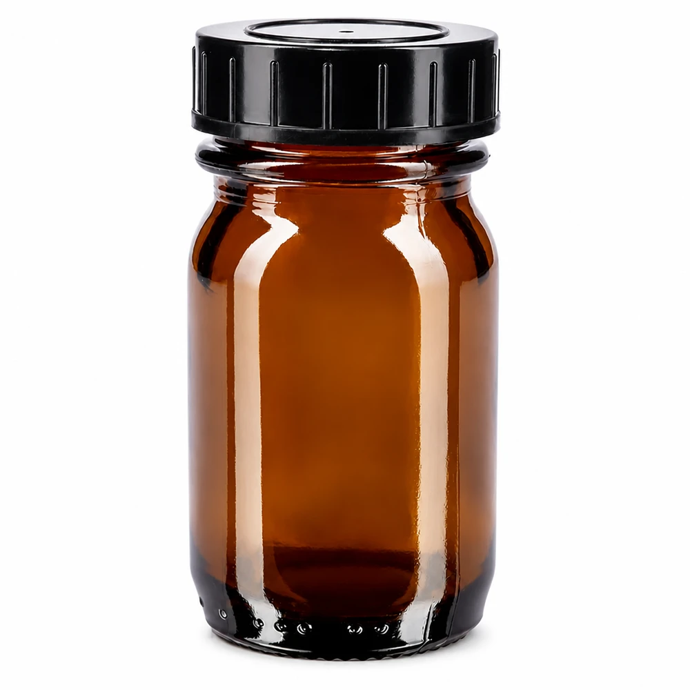 Fles met wijde hals 30 ml bruin glas met schroefdeksel 30 ml flesje met wijde hals van amberkleurig glas met zwarte schroefdop voor veilig bewaren