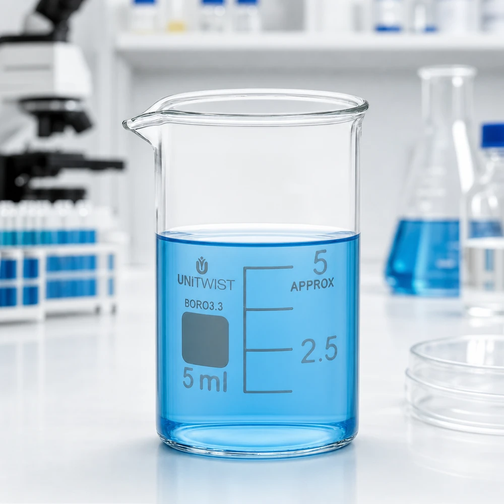 UNiTWIST laboratoriumglas van 5 ml, laag model, met schenktuit op een wit laboratoriumblad