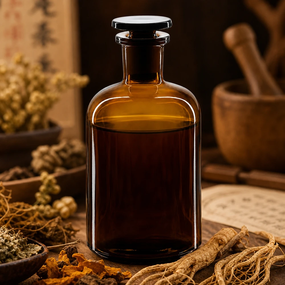 Bruine glazen fles van 250 ml met smalle hals en ronde schouders, voorzien van een stop, voor kruidenextracten en essences