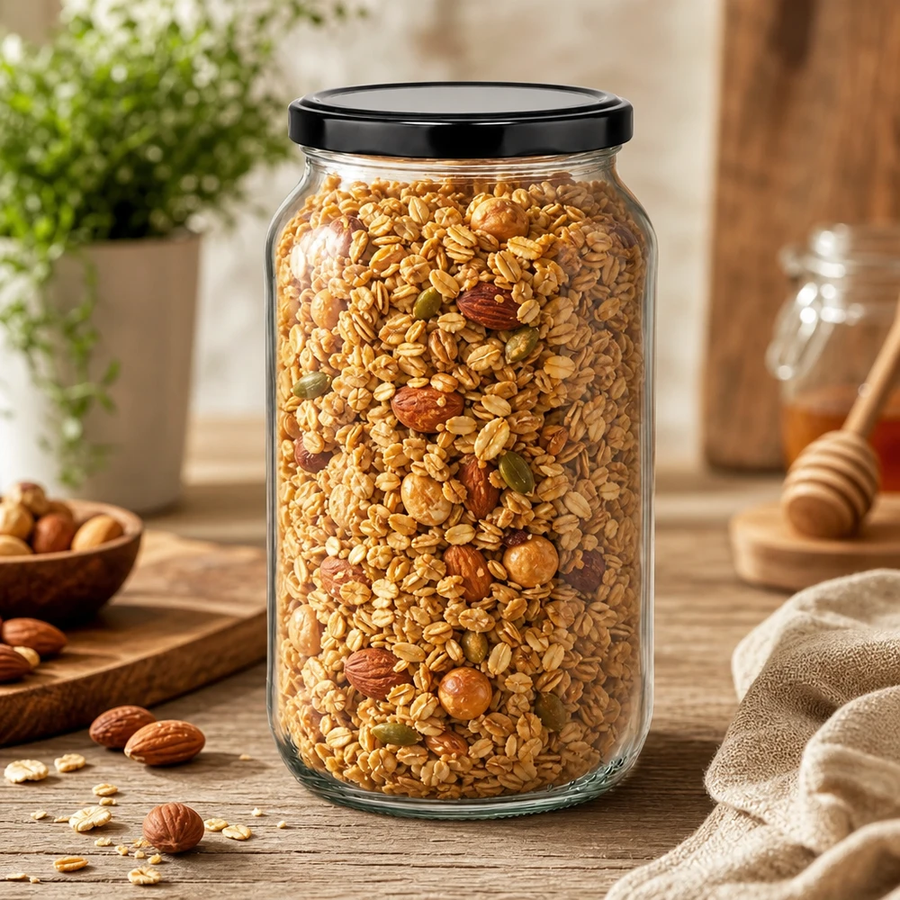 1062ml ronde pot gevuld met muesli en noten - grote voorraadpot met zwart deksel voor droge voeding