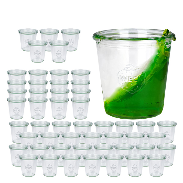 Set van 48 Weck bekers 290ml hoog, 1/5L potten met 48 glazen