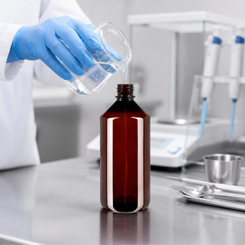 1000 ml PET medicijnfles met verstuiver wit GCMI 28/410 incl. dop transparant, standaard Lichtwerende bruine PET-fles van 1000 ml voor gevoelige vloeistoffen in de farmaceutische productie