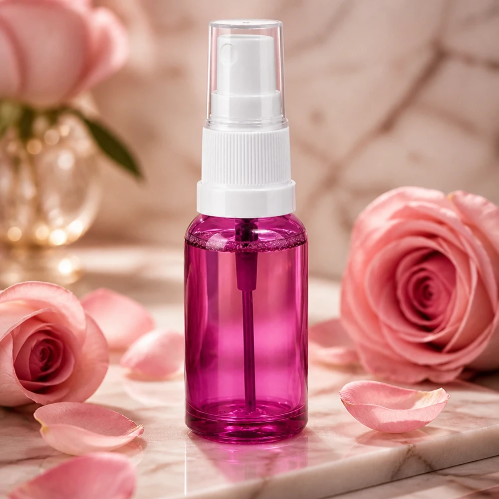 Minispuitfles 20ml paars transparant met ergonomische witte sproeikop SOA-versie
