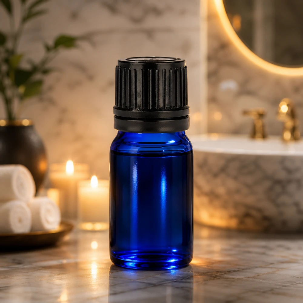 5ml apothekersflesje van blauw glas met kindveilige zwarte schroefdop