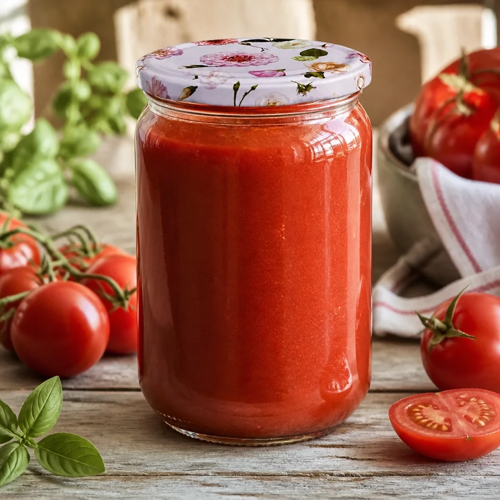 Tomatenpassata, ingeblikt in een UNiTWIST-voorraadpot van 555 ml met een decoratief roze bloemendeksel