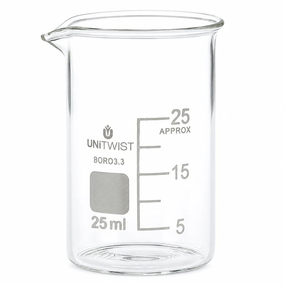 UNiTWIST 25 ml laboratoriumbeker van helder borosilicaatglas met witte volumeschaal