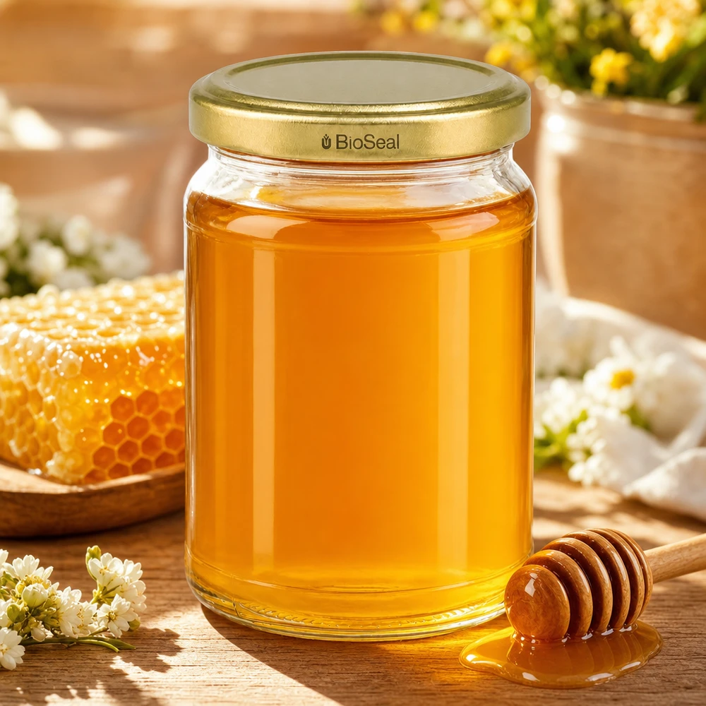 UNiTWIST Runda205 honingpot met honingraat honey dipper TO58 BioSeal gouden deksel bloesemhoning natuurlijke decoratie