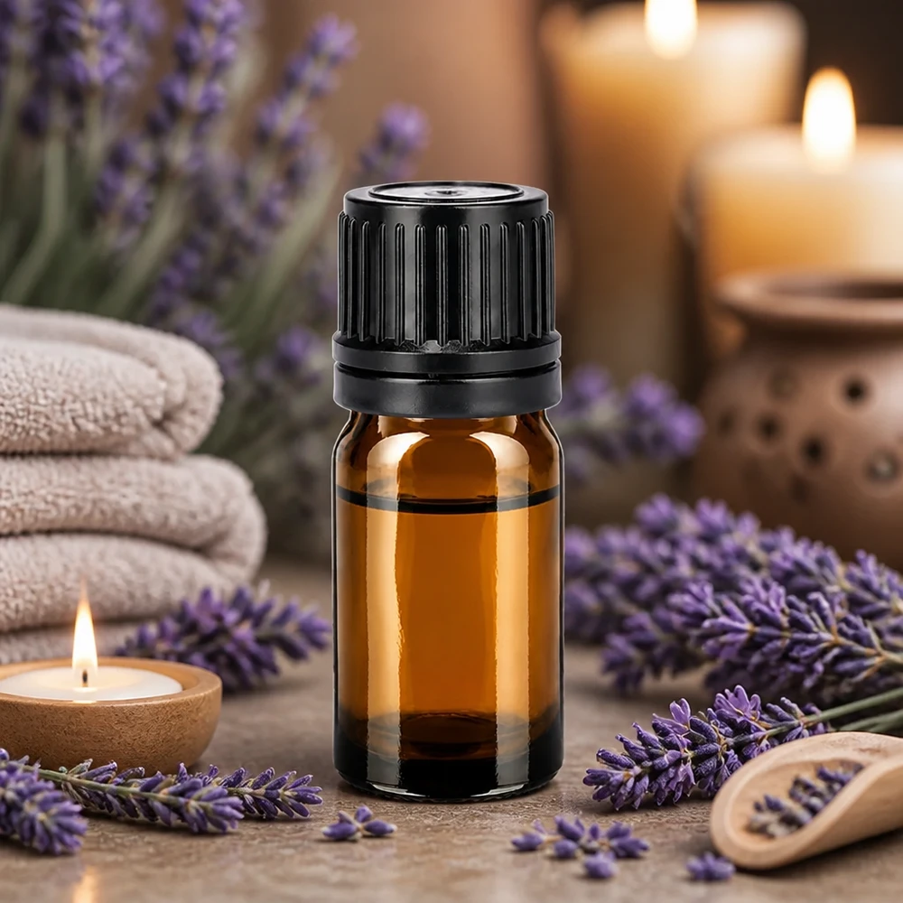 Compact 5ml flesje uit de BrownLine serie met zwarte verzegelstop voor aromatherapie