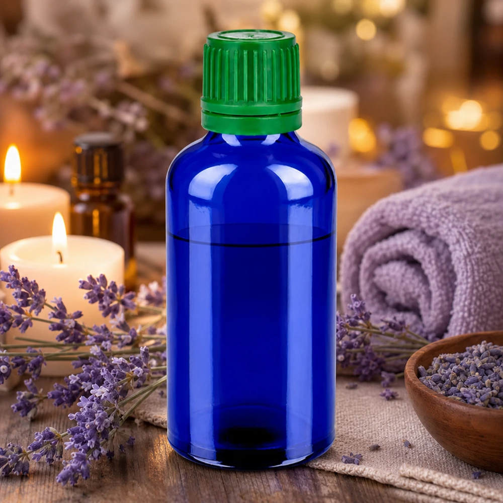 Stijlvol 50ml flesje in kobaltblauw met groene dop, ideaal voor doe-het-zelf cosmetica en oliën