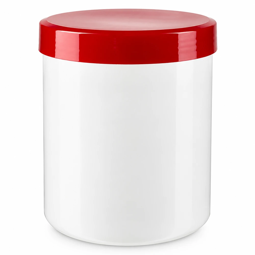 Zalfpot 200 g wit met rood schroefdeksel (PP) Lege zalfpot van 200 ml, wit met rode schroefdop van PP