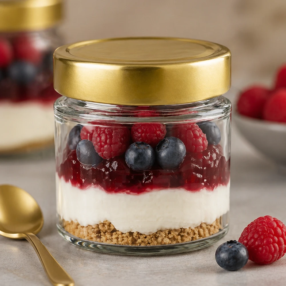 154ml rond glas BasicSeal goud gevuld met dessert yoghurt bessen bosbessen frambozen crumble gelaagd dessert