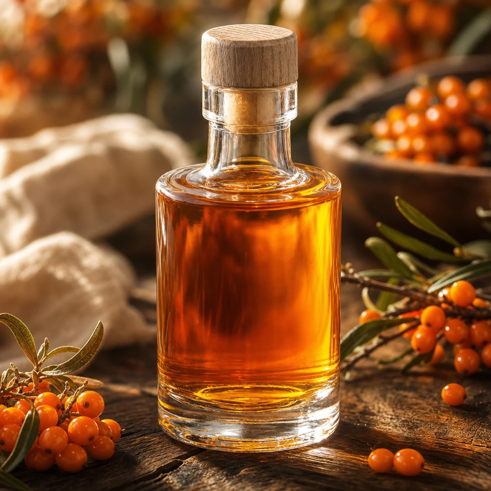 100 ml glazen fles Marie met houten kurk UNiTWIST® 100ml glazen Marie fles met houten kurk gevuld met amberkleurige vloeistof versierd met duindoornbessen naturel