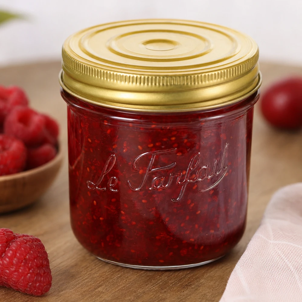 415 ml Familia Wiss pot met gouden deksel gevuld met rode jam naast verse aardbeien op een houten tafel