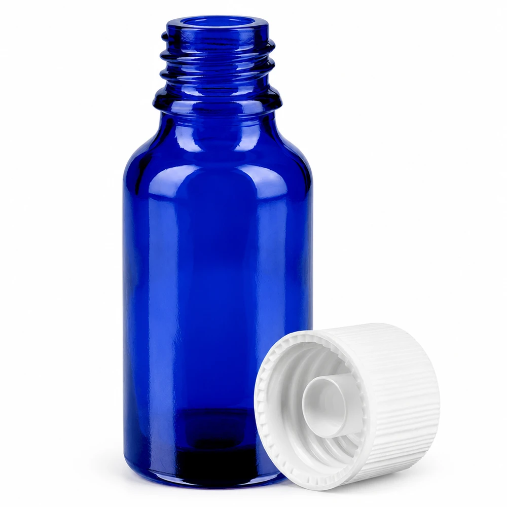 Handig 20ml flesje in helder blauw met veilige witte schroefdop