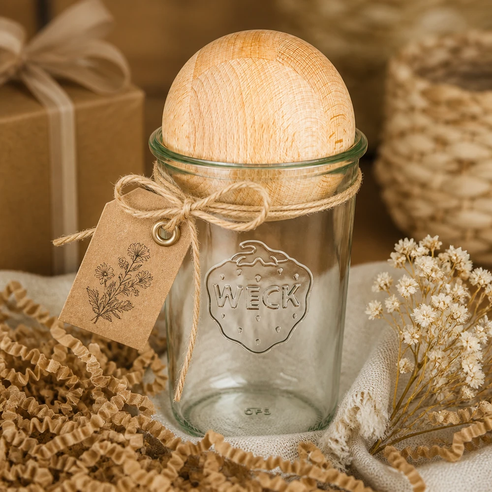 850ml stortglas WECK RR100 met houten bal WECK RR100 beker 850ml met beukenhouten bal als cadeau-idee, versierd met knutselpapier en gedroogde bloemen